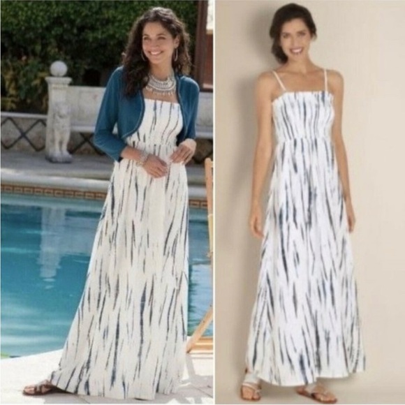 Soft Surroundings Ikat Maxi Dress in White and Blue Large - Picture 1 of 8